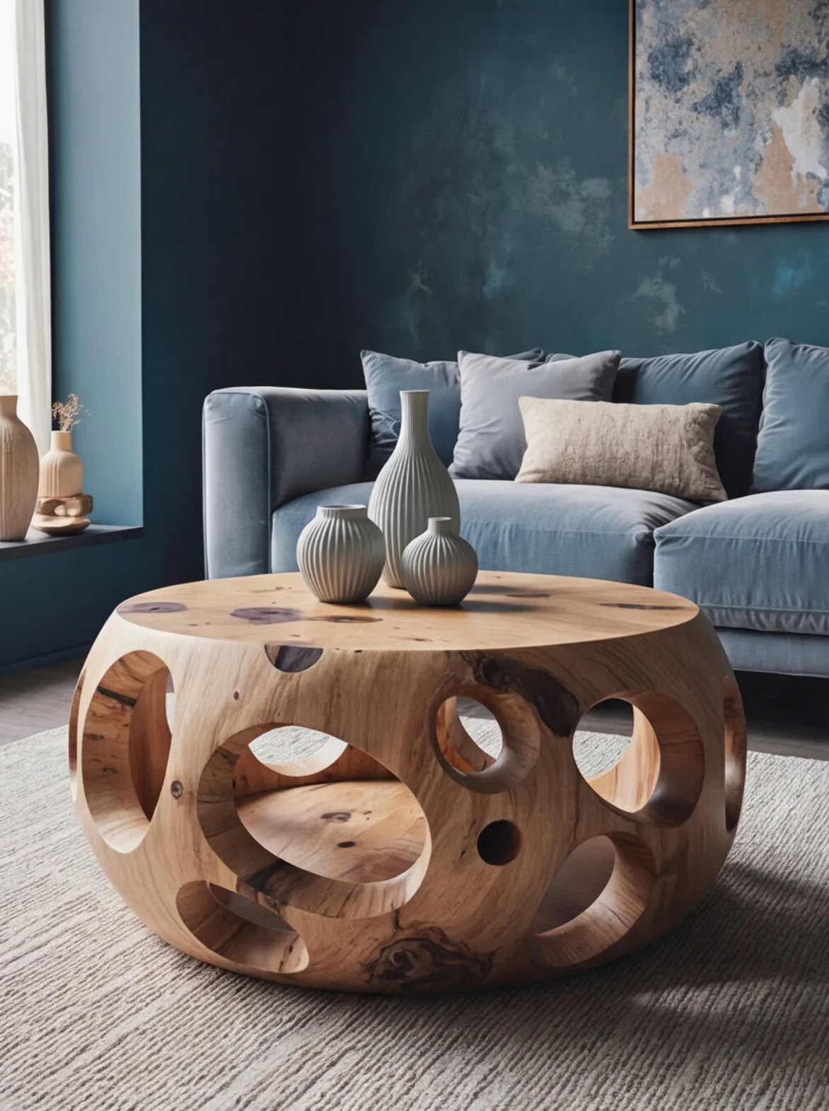 Solid wood coffee table with organic round cutouts in modern living room