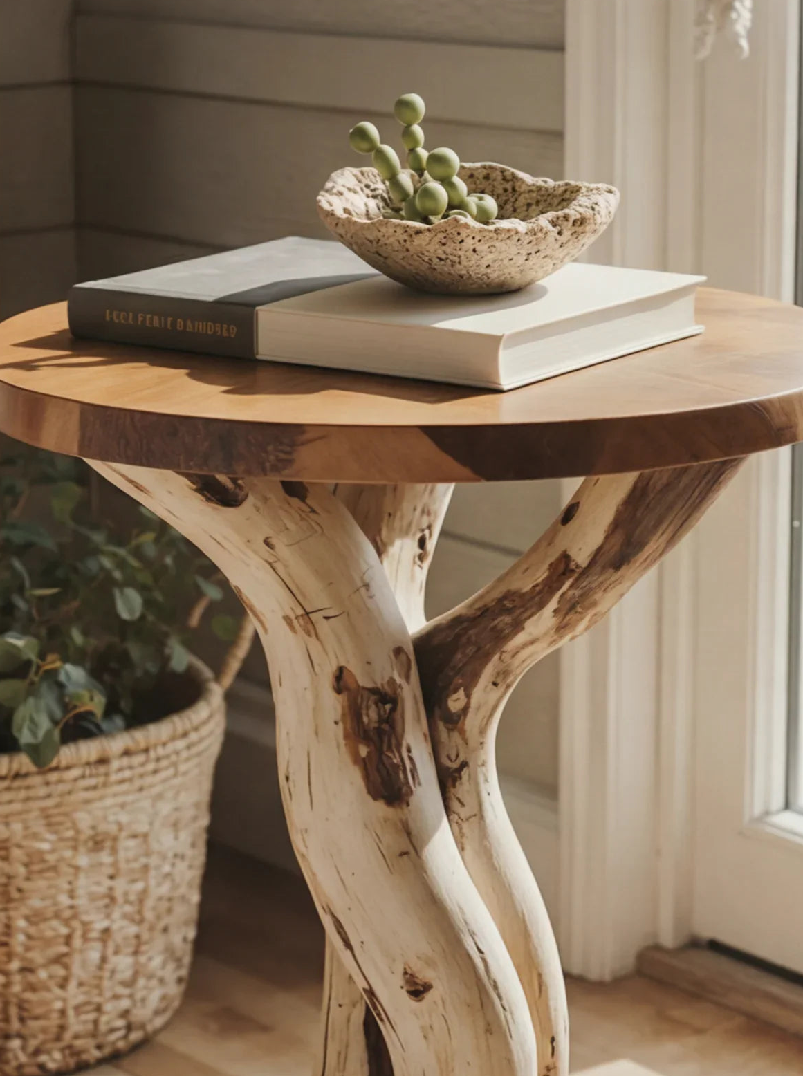 Live edge solid wood side table with sculpted legs, stone bowl, and books by a window