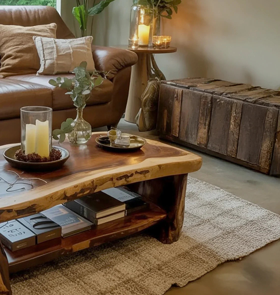 Rustic living room with brown leather sofa, wooden coffee table, candles, and textured rug