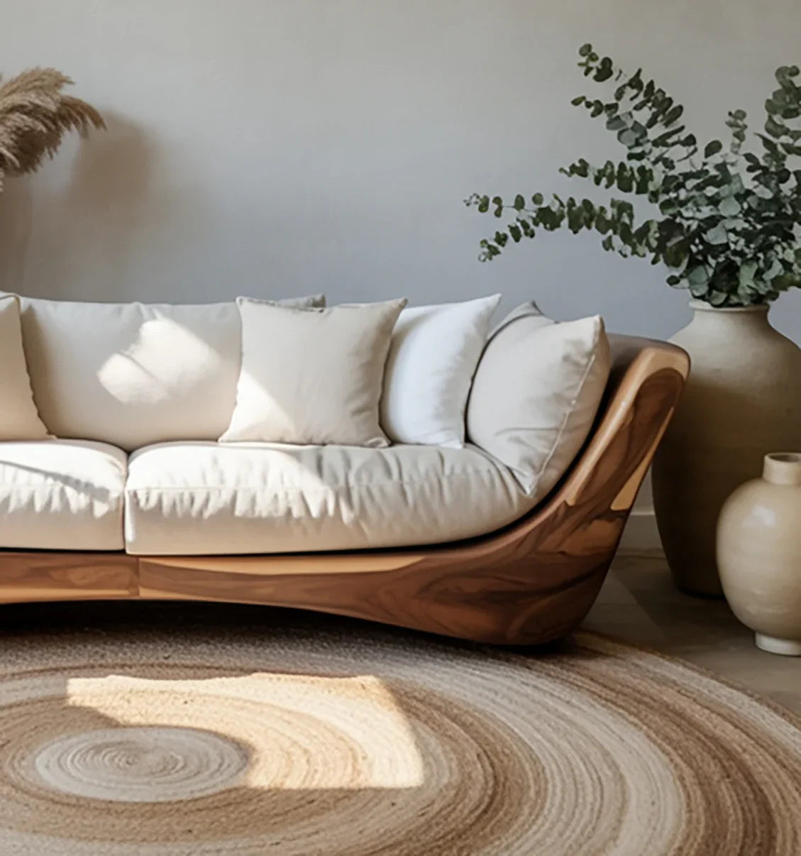 Modern beige sofa with wooden frame, neutral pillows, circular woven rug, and large vases with green plants
