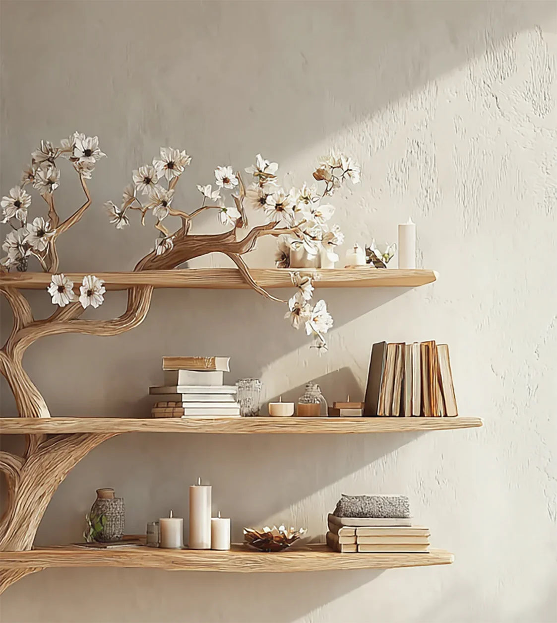 Solid wood tree bookshelf with floating shelves, books, candles, and decorative flowers