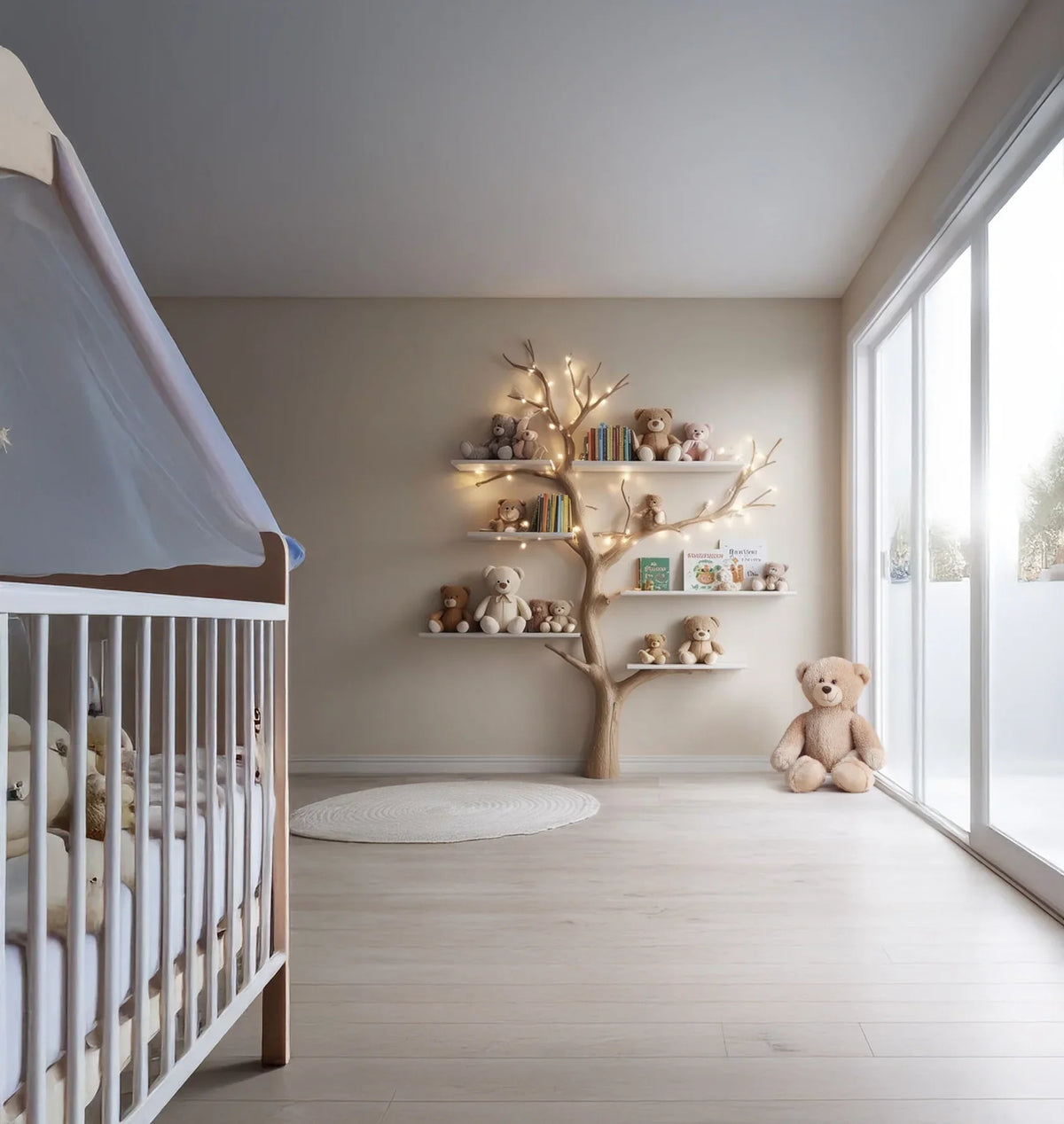Nursery with a tree bookshelf, soft toys, and books, near a crib and large window.