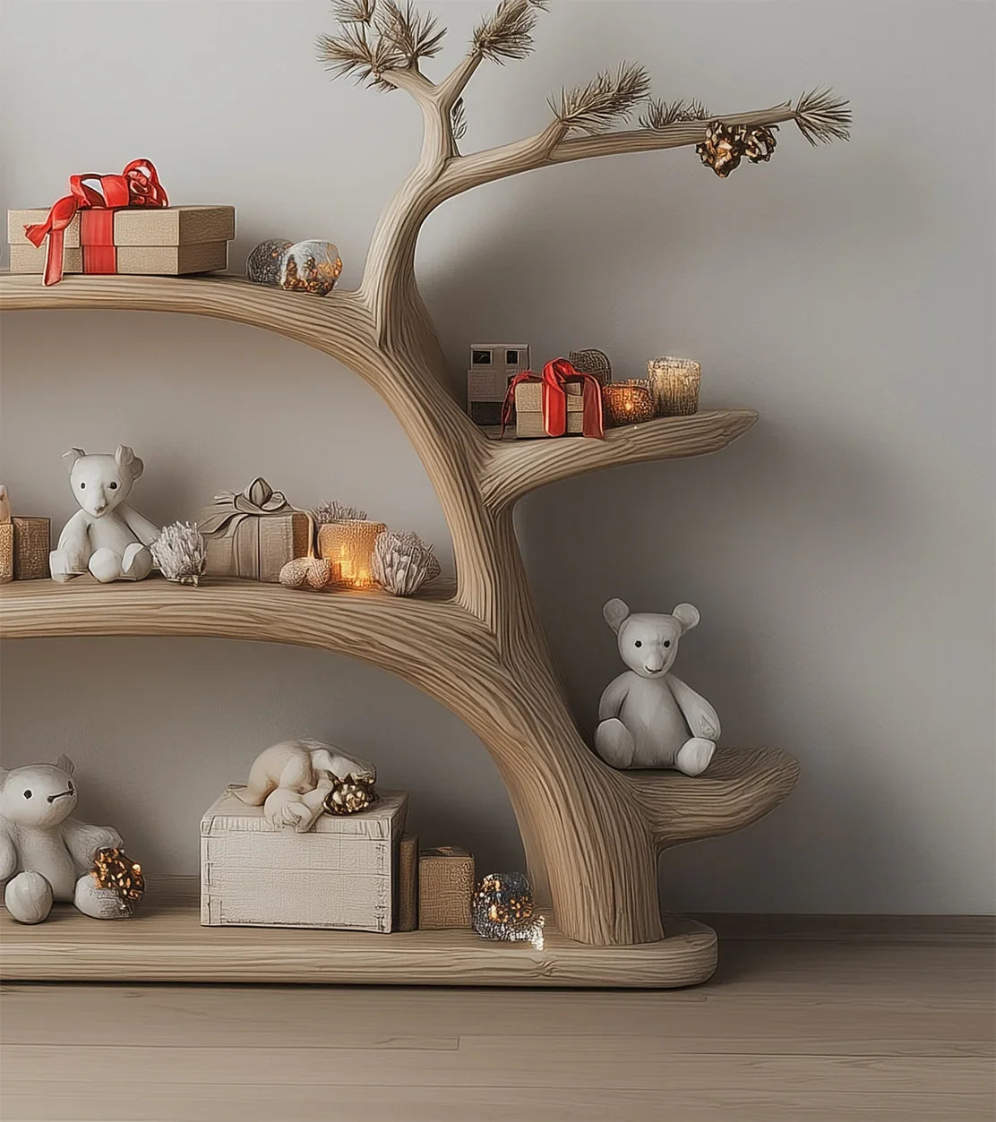 wooden tree-shaped shelf with teddy bears, gift boxes with red ribbons, candles, and decorative pine cones