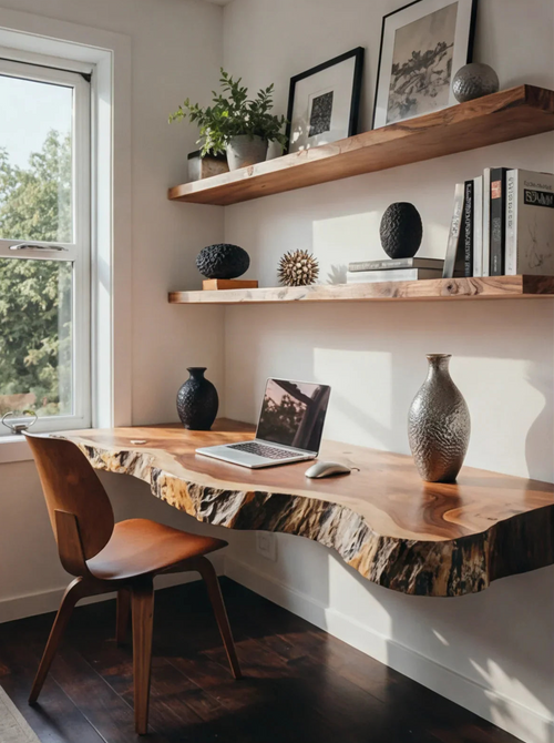 Rustic Floating Shelf Desk – Wall Mounted Study Room Workspace