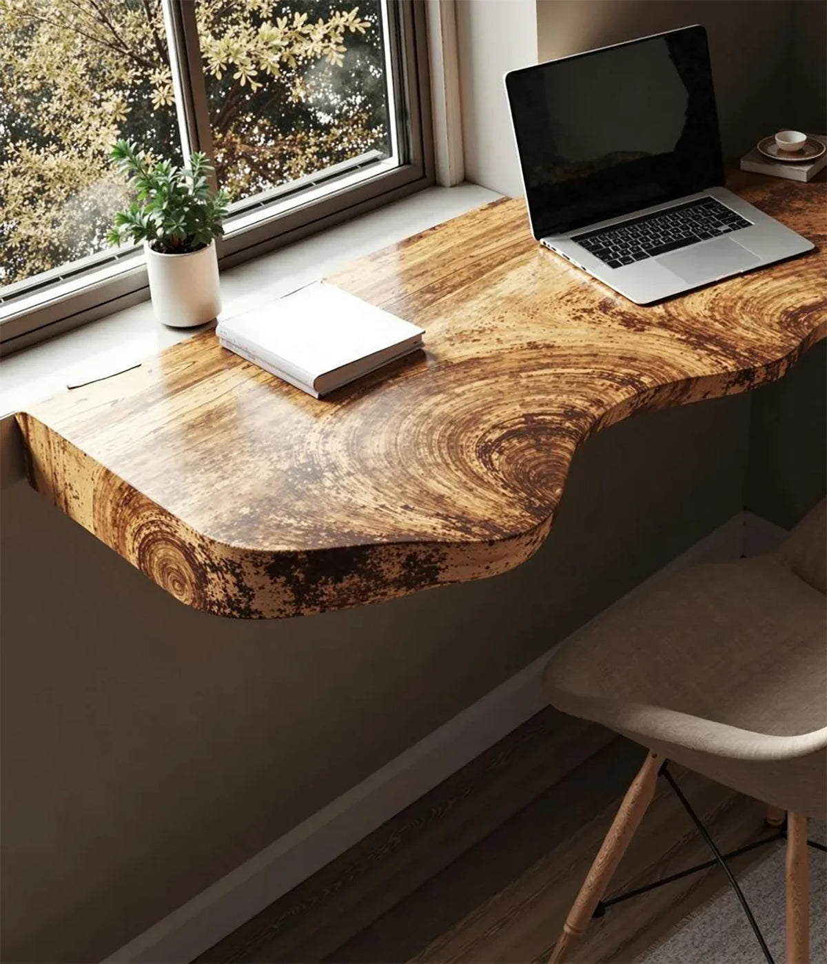 Live edge wooden desk under window with laptop, book, plant, and chair