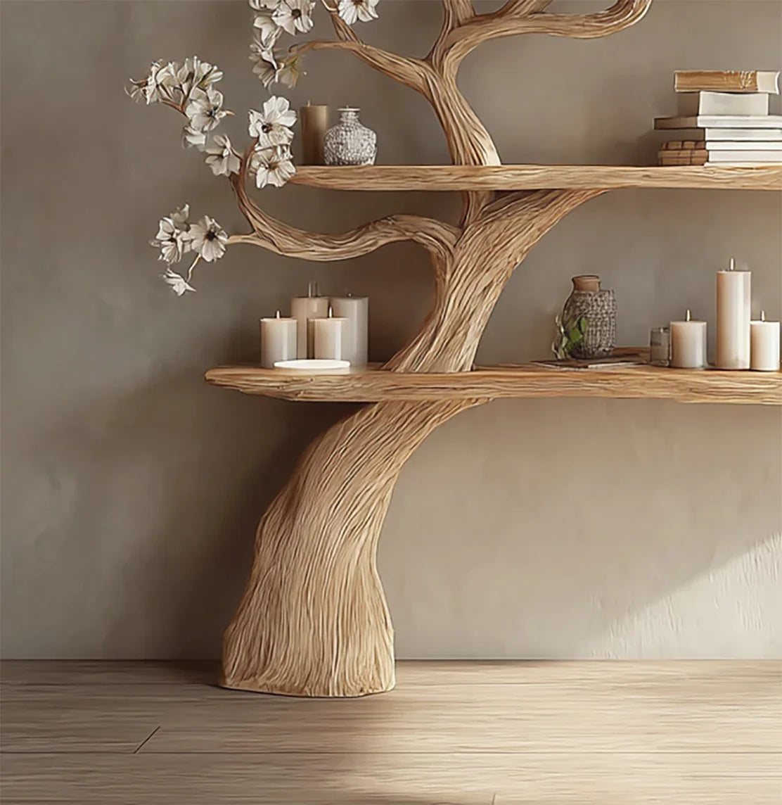 Solid wood tree-shaped bookshelf with candles, books, and ceramic decor on floating shelves