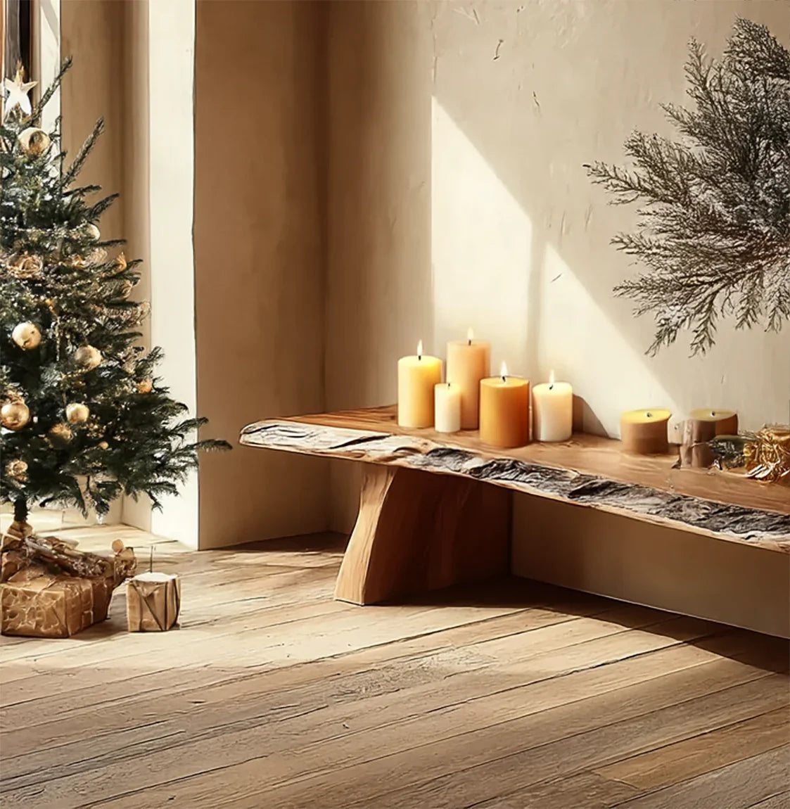 Live edge wooden bench with candles, next to a decorated Christmas tree and gifts