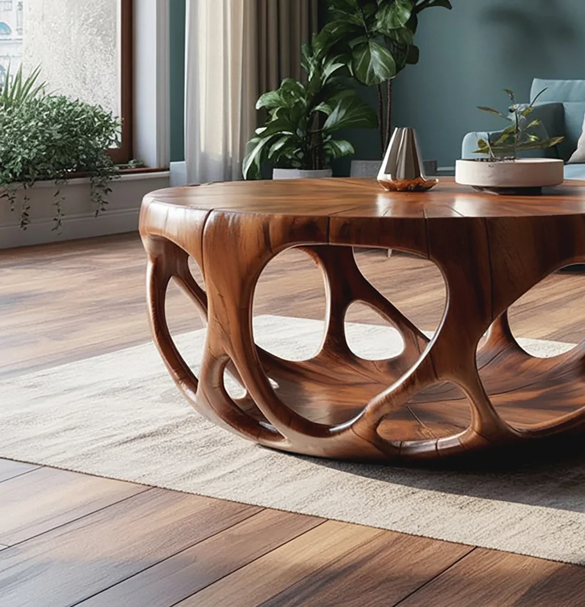 Modern living room with a sculptural wooden coffee table, greenery, and natural light
