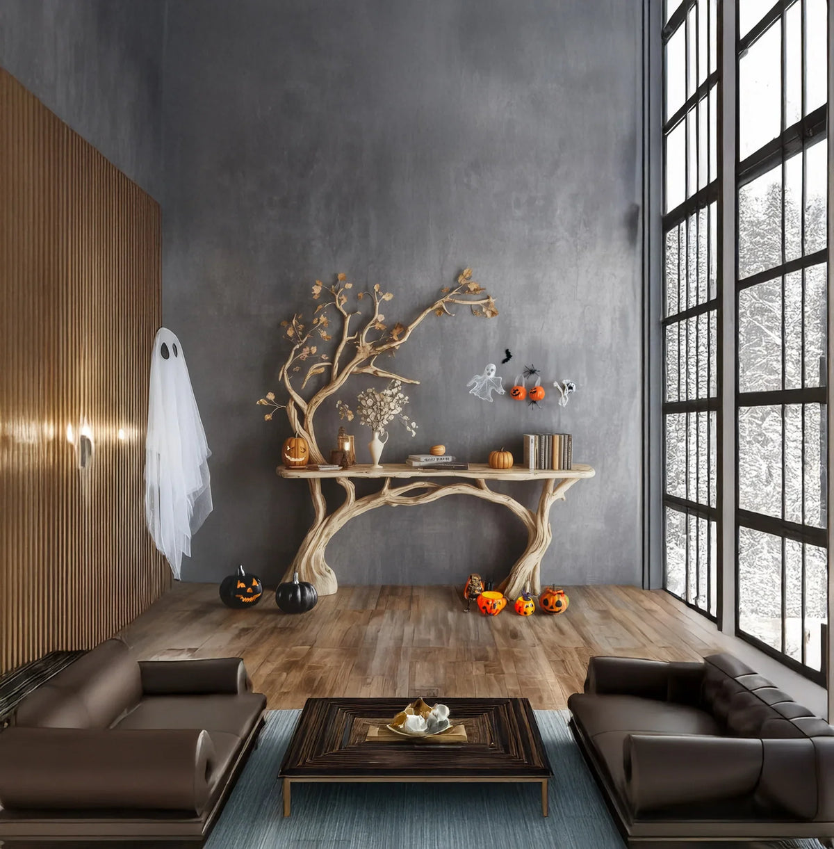 Modern living room with Halloween decorations including carved pumpkins, ghost, and fall-themed table