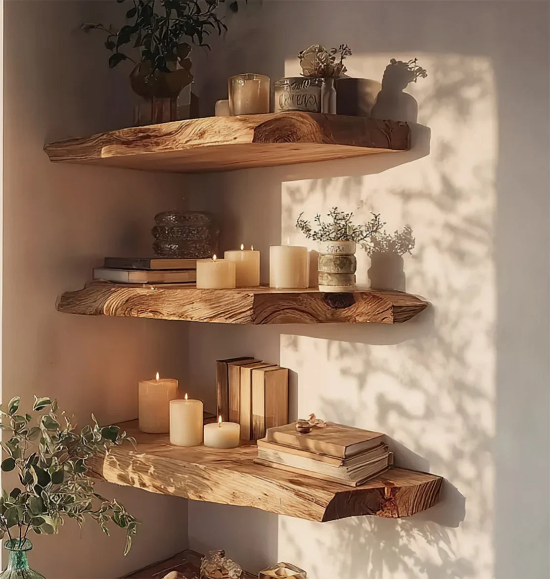 Rustic wooden floating shelves with candles, books, and small plants in warm natural light