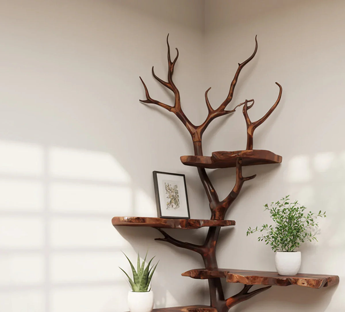 Live edge tree bookshelf with wooden shelves, potted plants, and framed art in a modern corner.