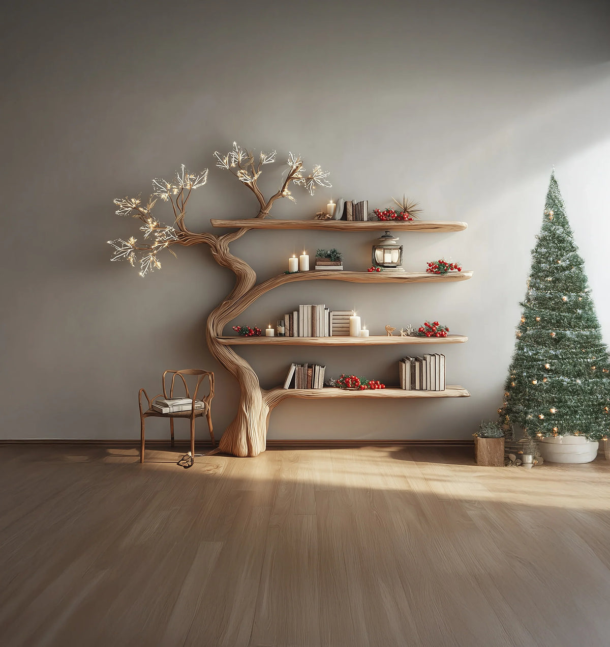 Modern room with tree-shaped wooden bookshelf holding candles, books, and red berries, next to decorated Christmas tree