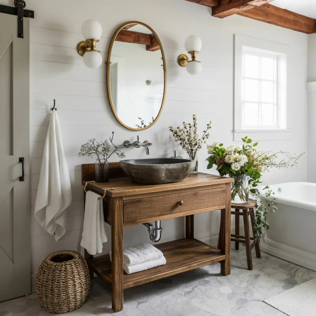 Rustic solid wood bathroom vanity with stone vessel sink, oval mirror, and floral decor