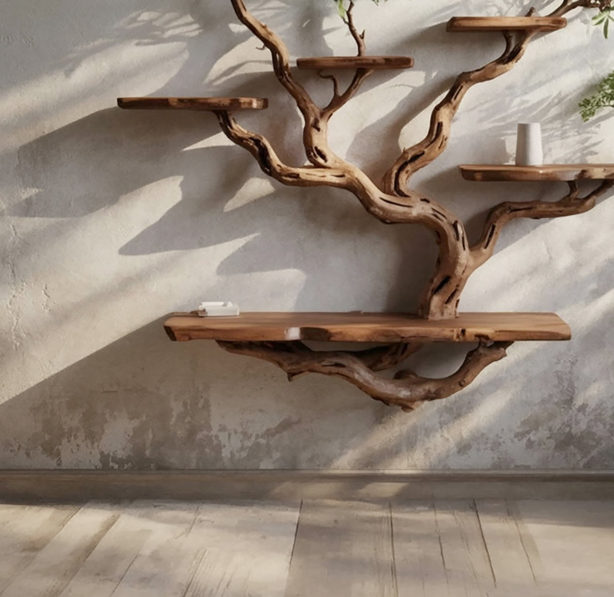 Unique wooden tree branch wall shelves with natural wood texture and minimalist decor