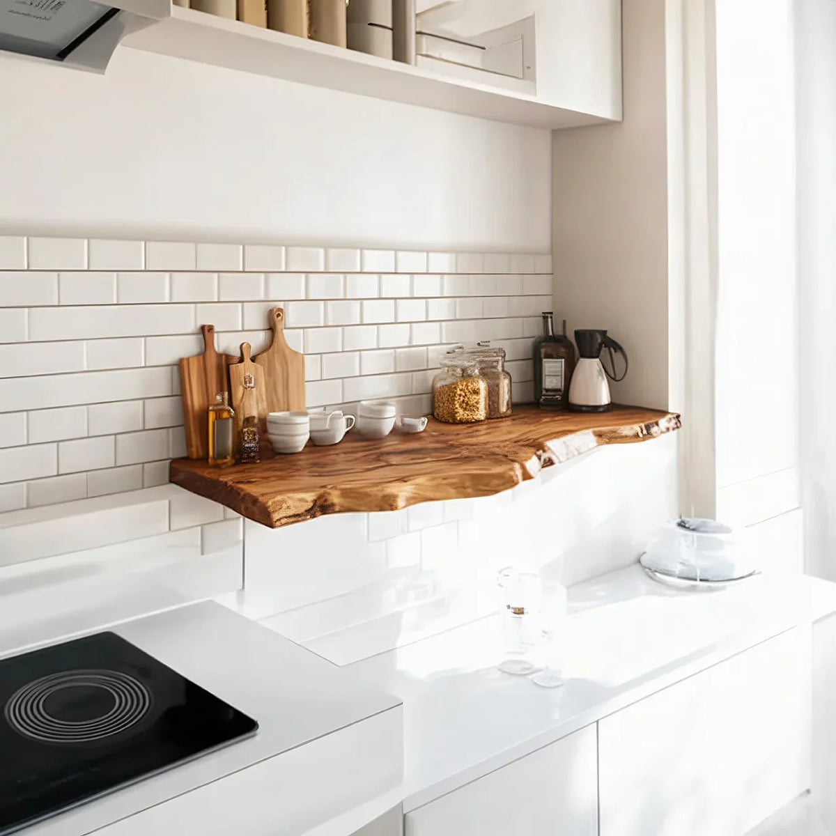 Solid wood live edge floating shelf in modern white kitchen with cutting boards, jars, and coffee pot.