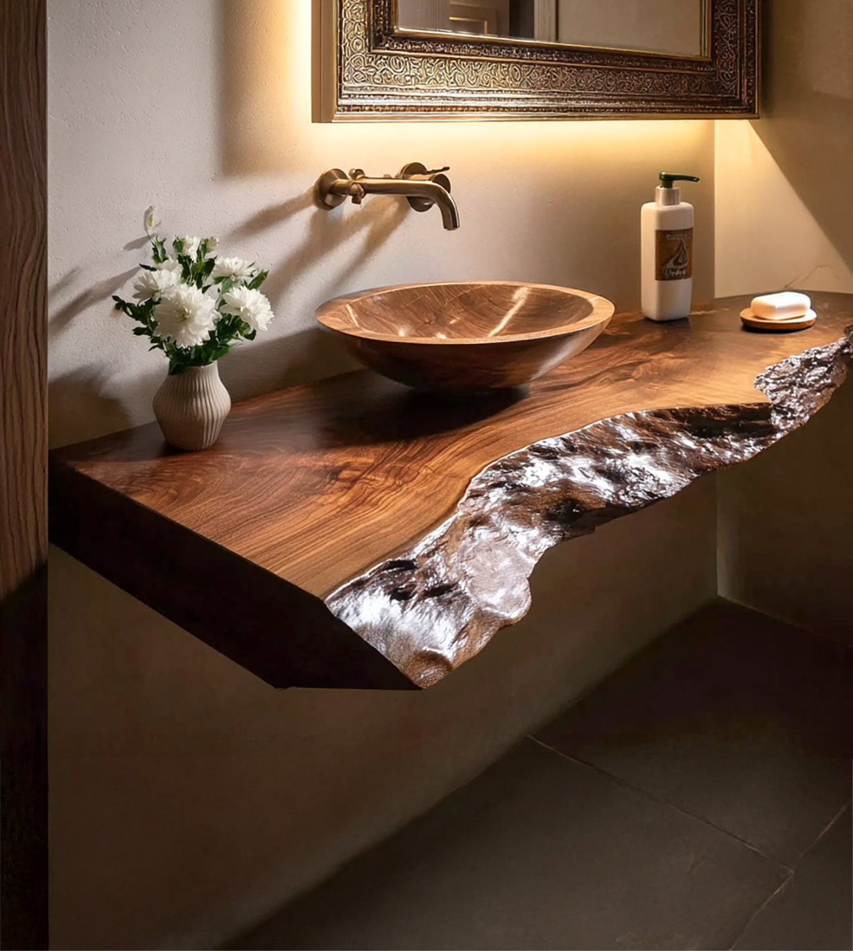 Rustic bathroom countertop with live edge wood, vessel sink, wall-mounted faucet, and decorative flowers