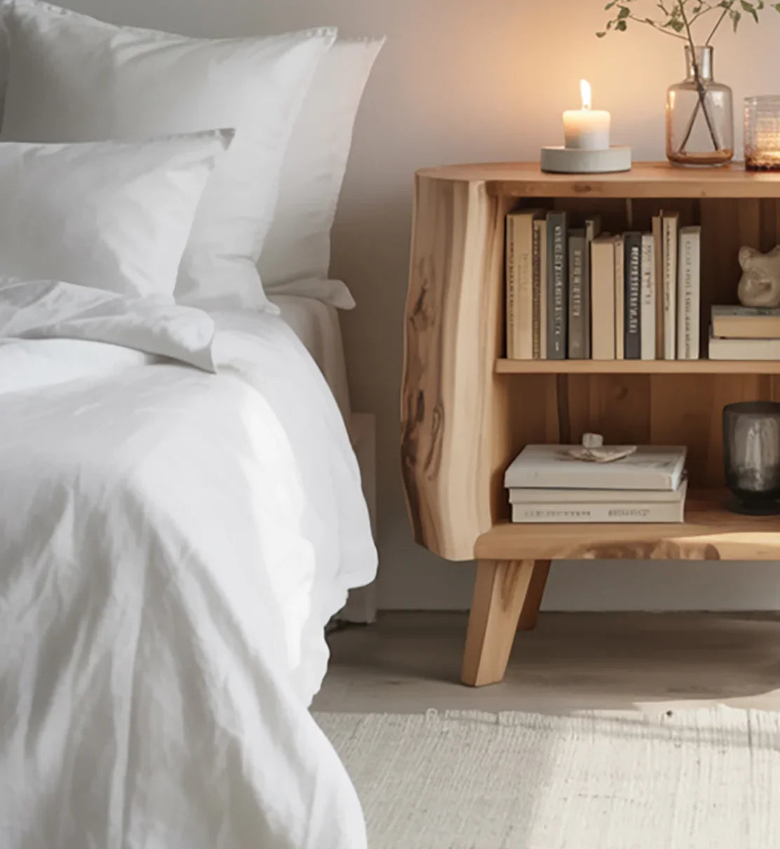 Cozy bedroom with white bedding and wooden nightstand holding books, a lit candle, and a vase