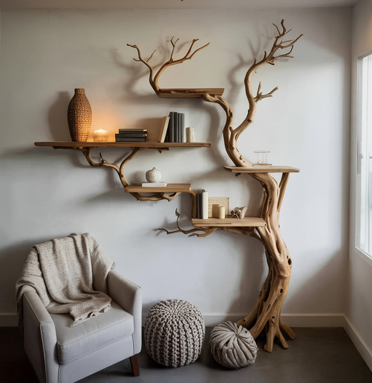 Tree bookshelf with natural wood shelves, cozy chair, and knit poufs in a modern living room