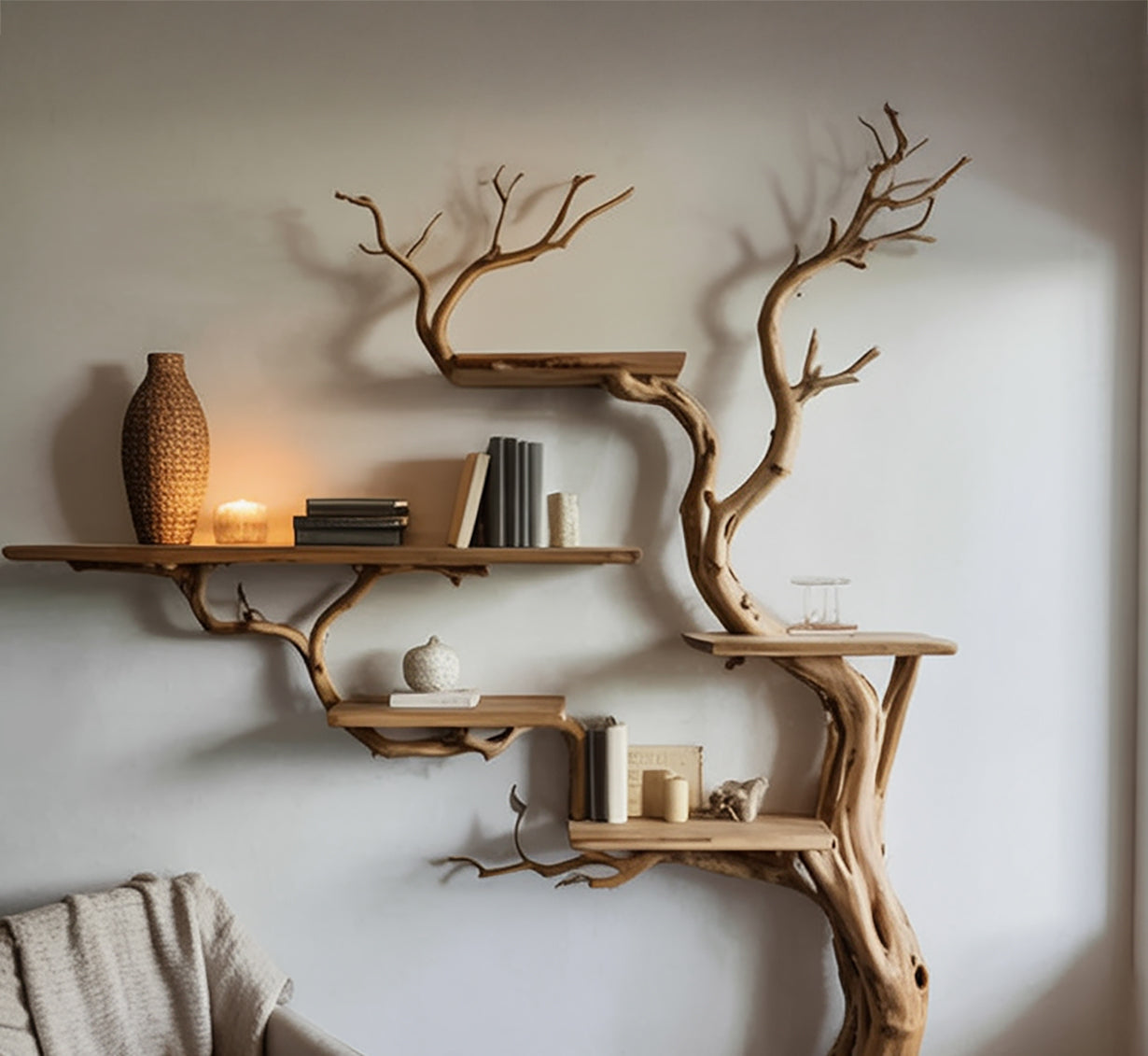 Live edge tree bookshelf with floating wood shelves and decorative items in a cozy room