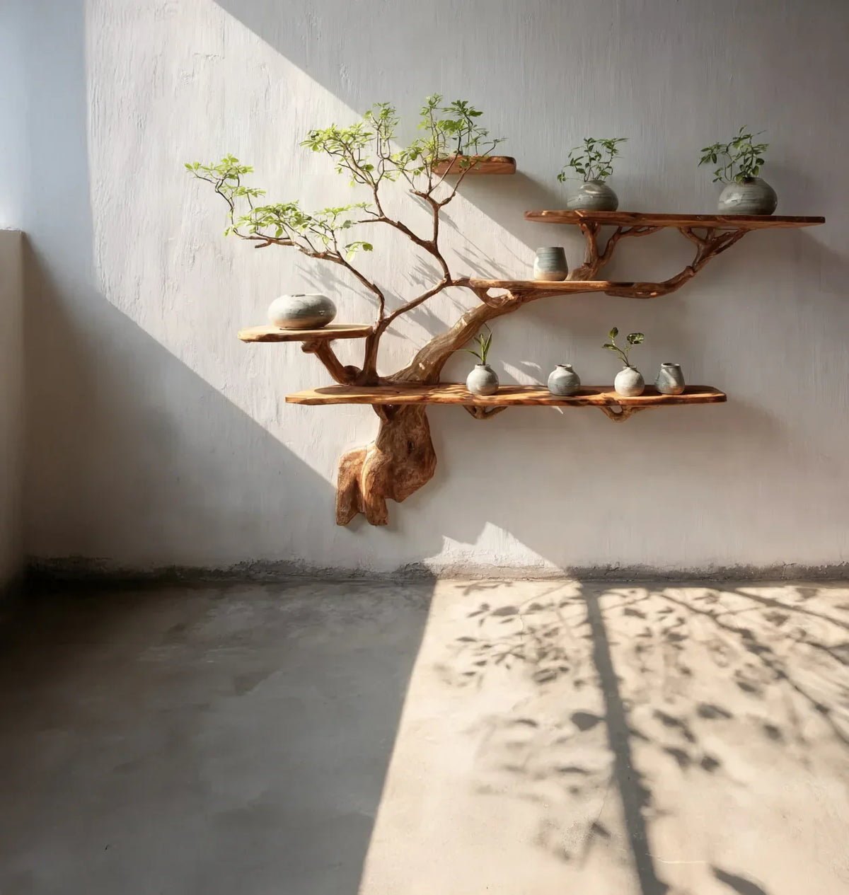 Minimalist wooden wall shelf shaped like a tree holding small ceramic pots with green plants