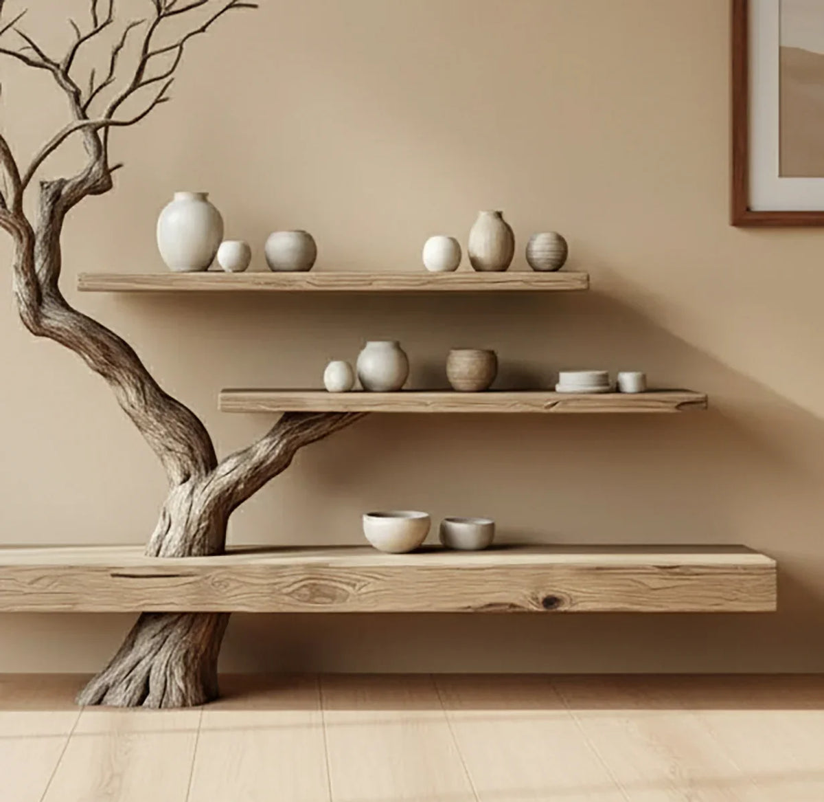 Modern wooden shelves shaped like a tree trunk holding beige ceramic vases and bowls on tan wall