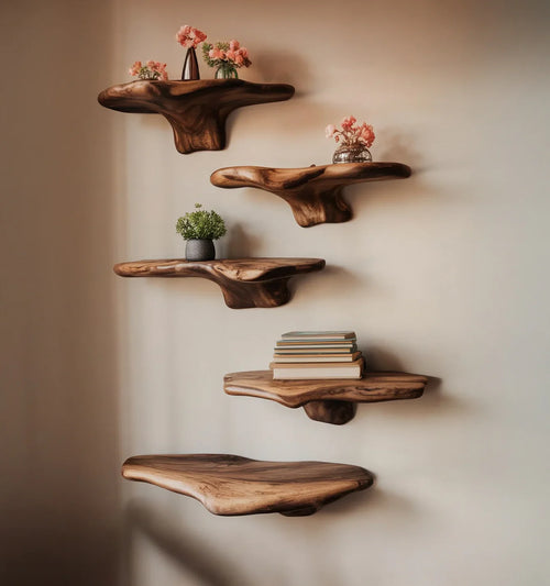 Handcrafted Organic Wooden Floating Wall Shelf – Live Edge Solid Wood