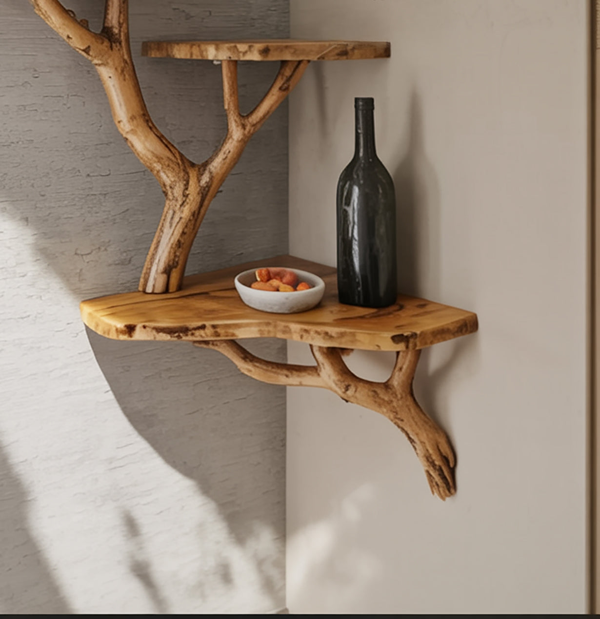 Rustic wooden corner wall shelf with natural branch support holding a black bottle and bowl of nuts