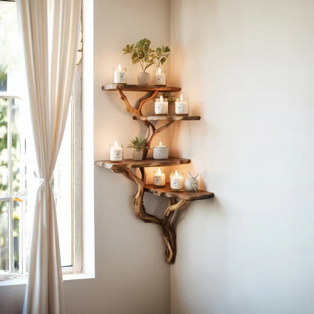 Rustic wooden corner shelves with lit scented candles and small potted plants in a bright room