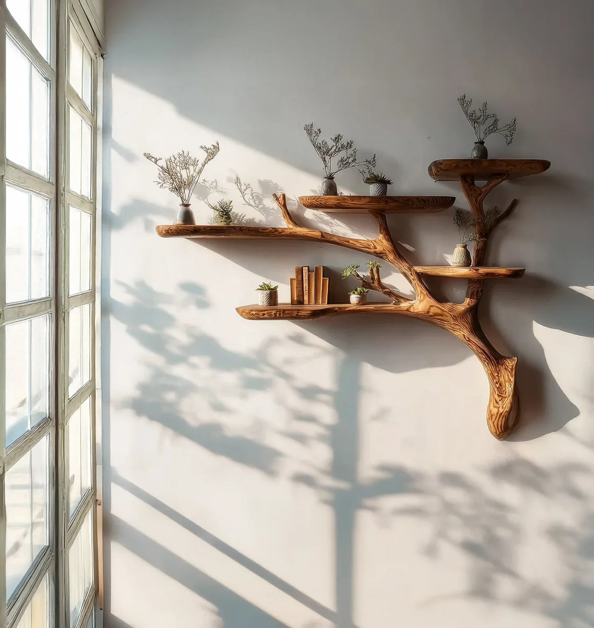 Natural wooden wall shelf shaped like a tree branch with potted plants and books, sunlit near window
