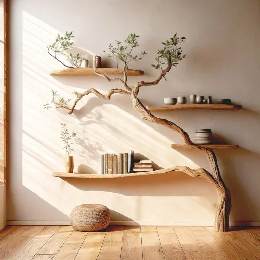 Tree-shaped wooden bookshelf with live edge floating shelves, books, plants, and pottery decor.