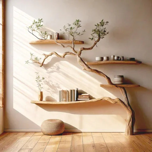 Live Edge Tree Branch Bookcase – Handmade Rustic Floating Wall Bookshelf with Natural Wood Branches