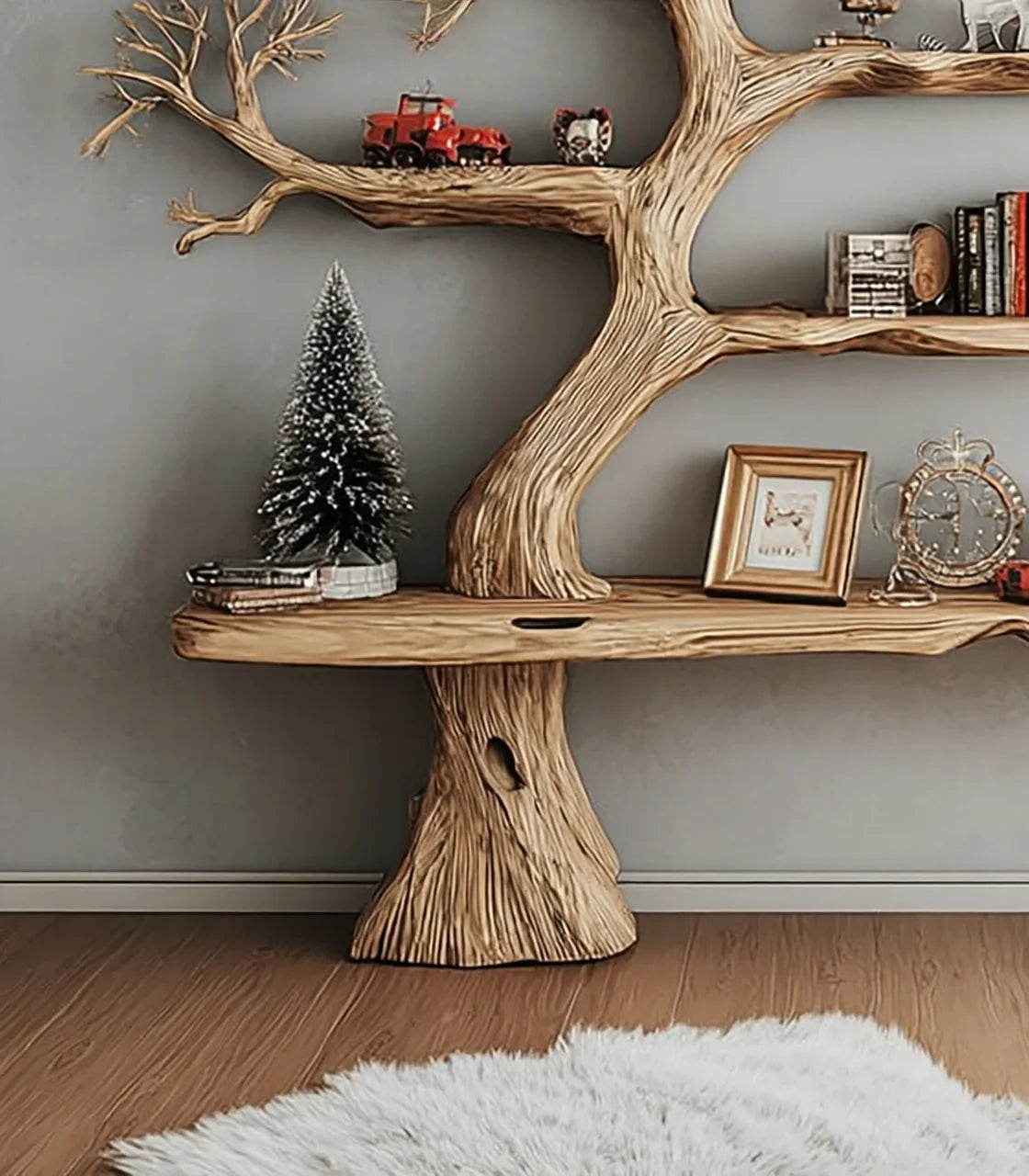 Solid wood tree bookshelf with live edge shelves, books, decor, and a cozy rug in front.