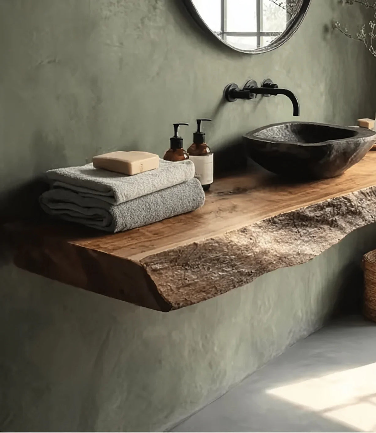 Rustic bathroom with live edge wood countertop, stone sink, gray towels, soap bar, and wall-mounted faucet