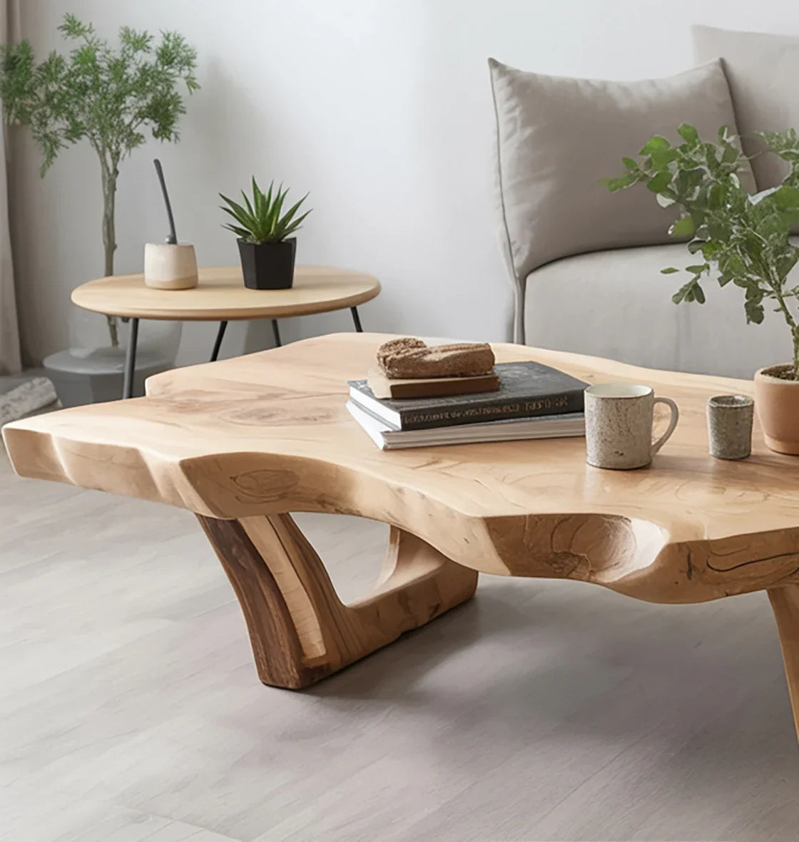 Live edge solid wood coffee table in modern living room with plants and books