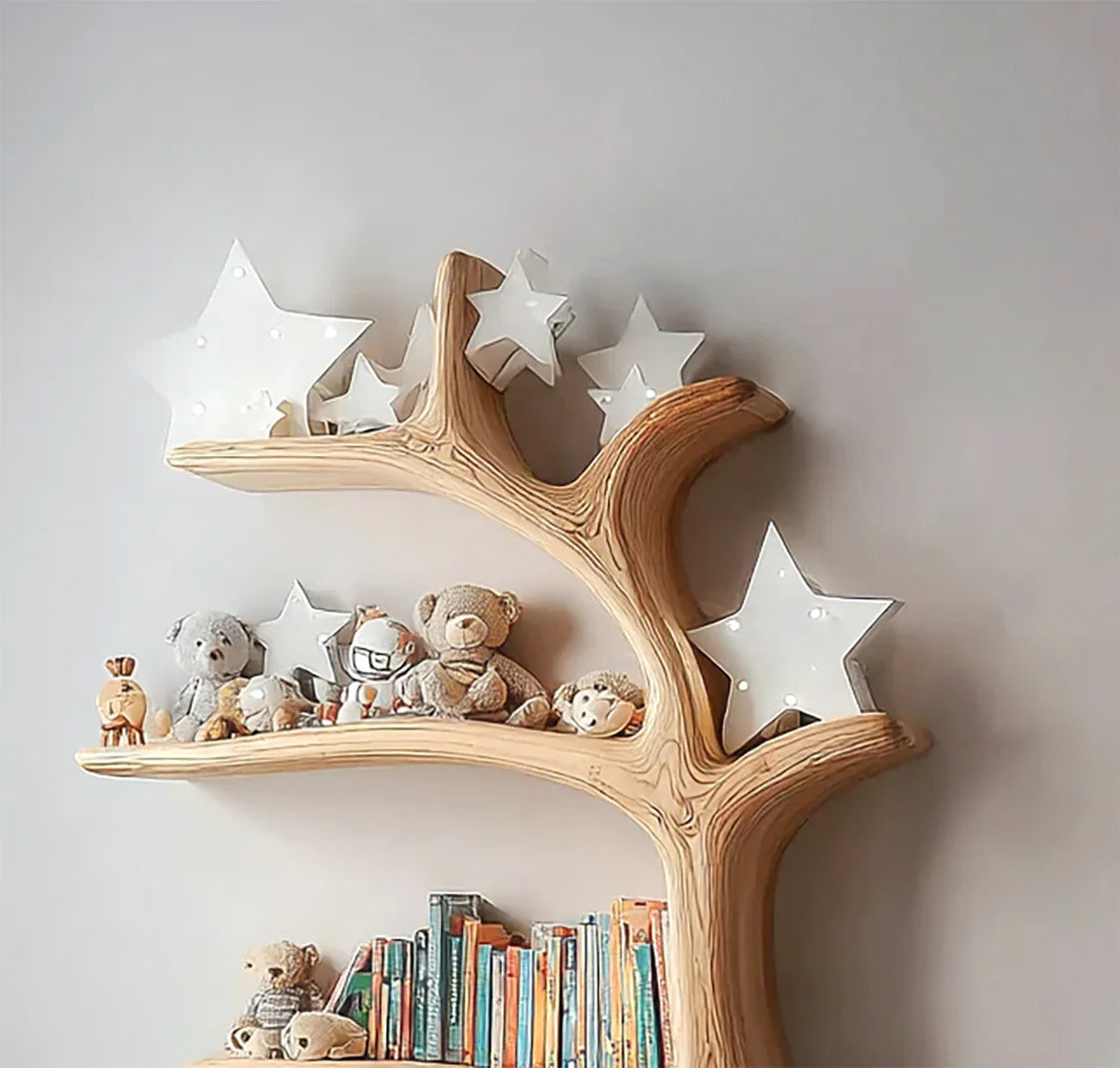 Tree-shaped wooden wall shelf with plush toys, star-shaped LED lights, and colorful books