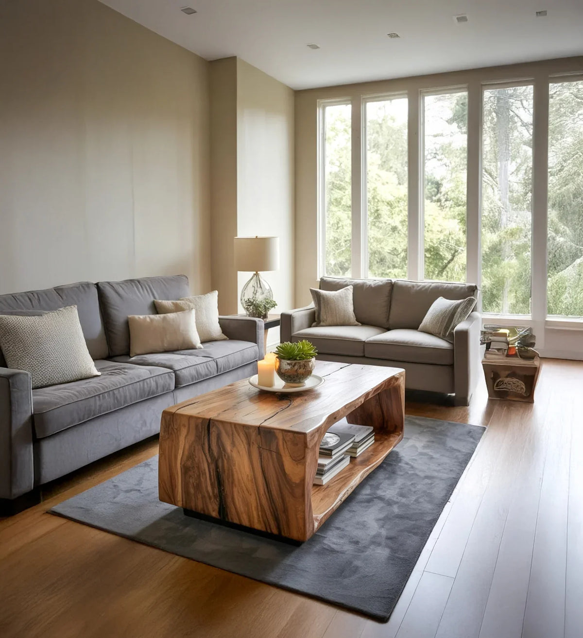 Modern living room with gray sofas, wooden coffee table, large windows, and hardwood floors