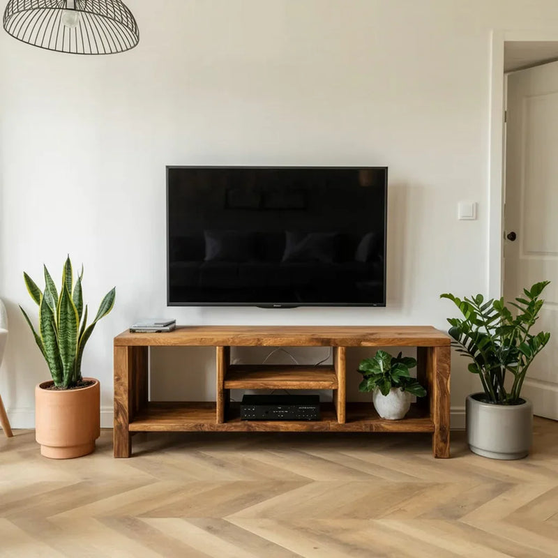 Minimalist living room setup with wall-mounted TV, wooden console table, and potted indoor plants