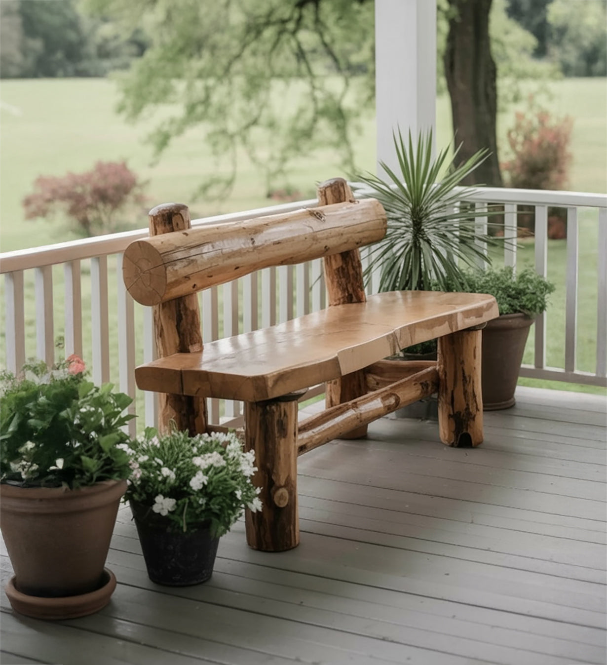 Rustic wooden bench on porch surrounded by potted green and flowering plants with outdoor landscape