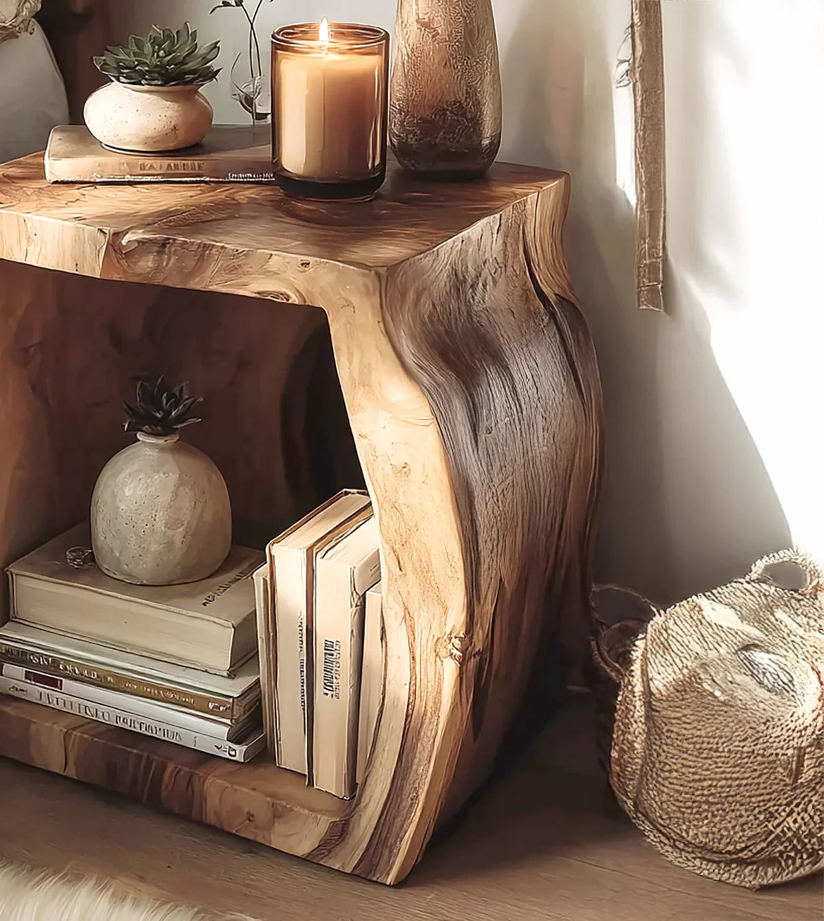 Rustic wooden side table with books, small plant in a stone pot, lit candle, and textured vase