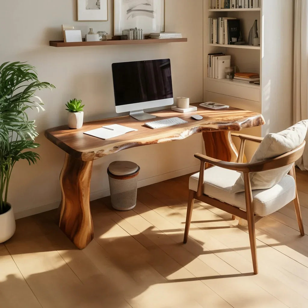 Solid wood live edge desk with computer in modern home office, minimalist and bright setting