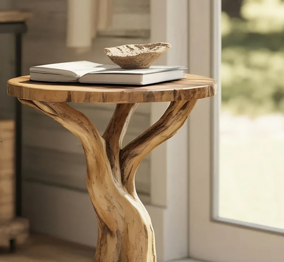 Solid wood live edge side table with tree trunk base, open book, and decorative bowl