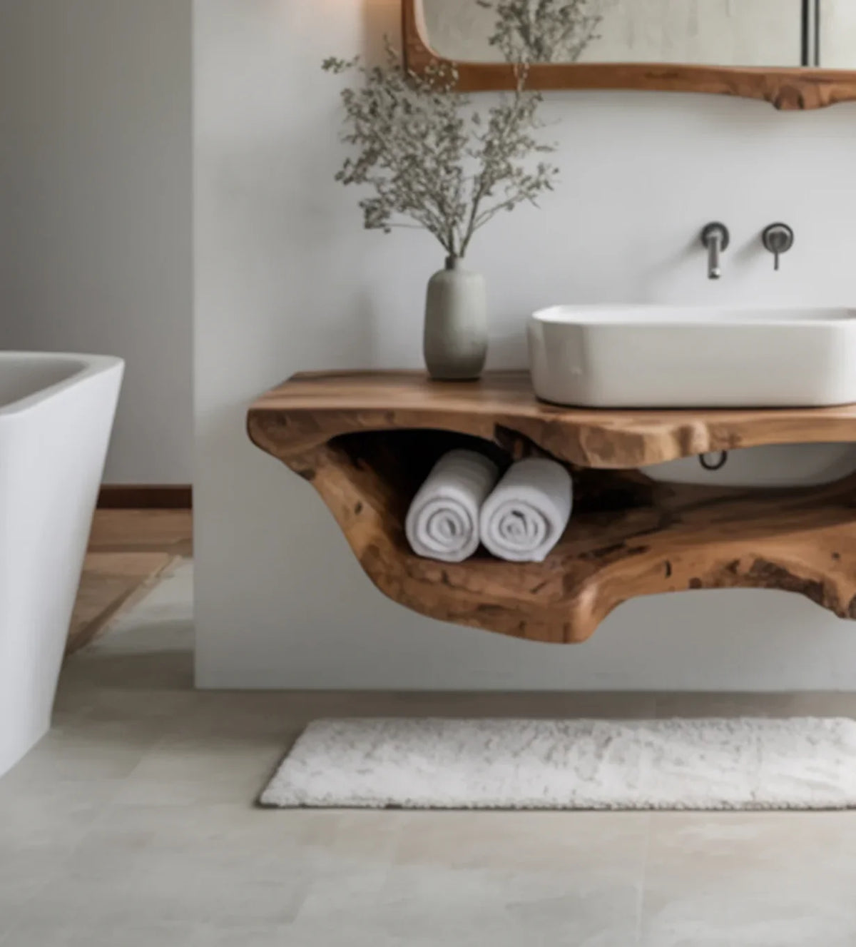 Modern bathroom with natural wood floating vanity, white vessel sink, rolled towels, and decorative vase