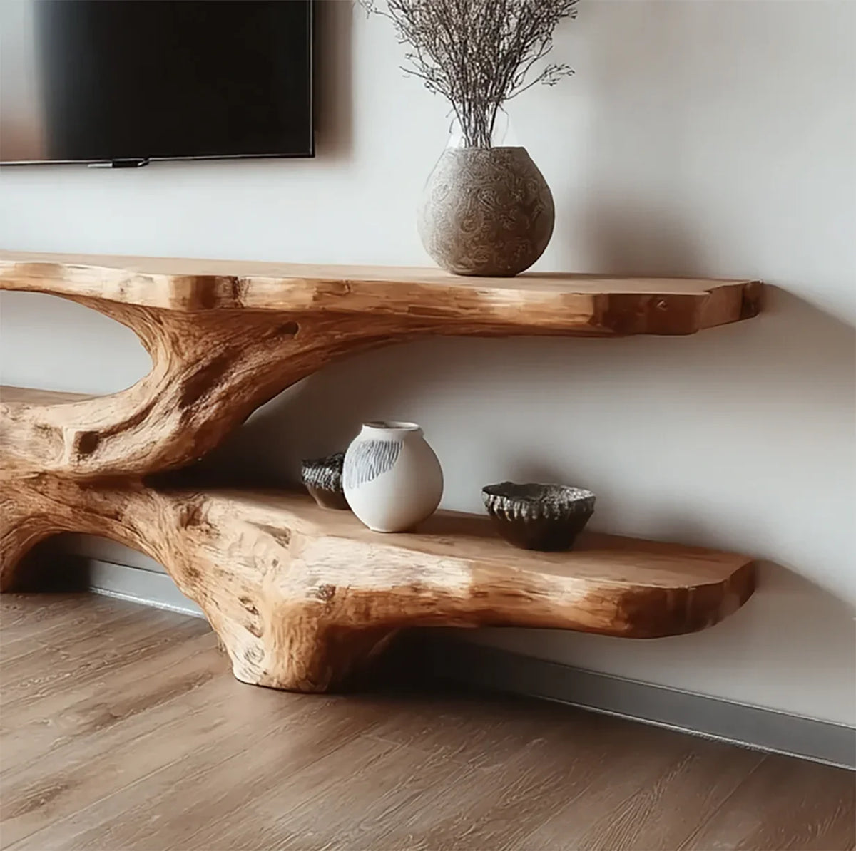 Live edge solid wood floating shelves with organic natural grain, decorated with vases
