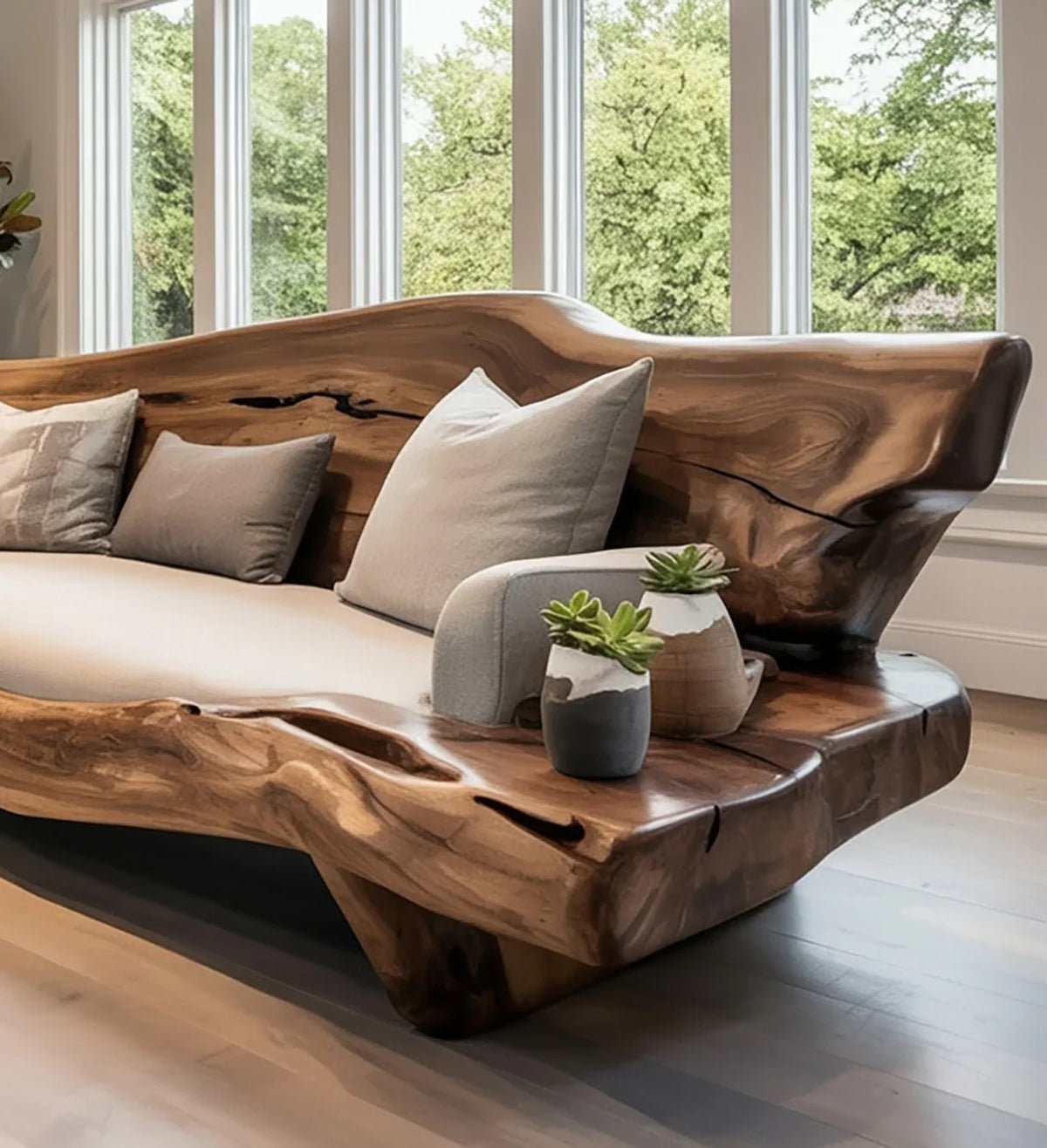 Live edge solid wood sofa with organic shape, neutral cushions, and potted succulents indoors