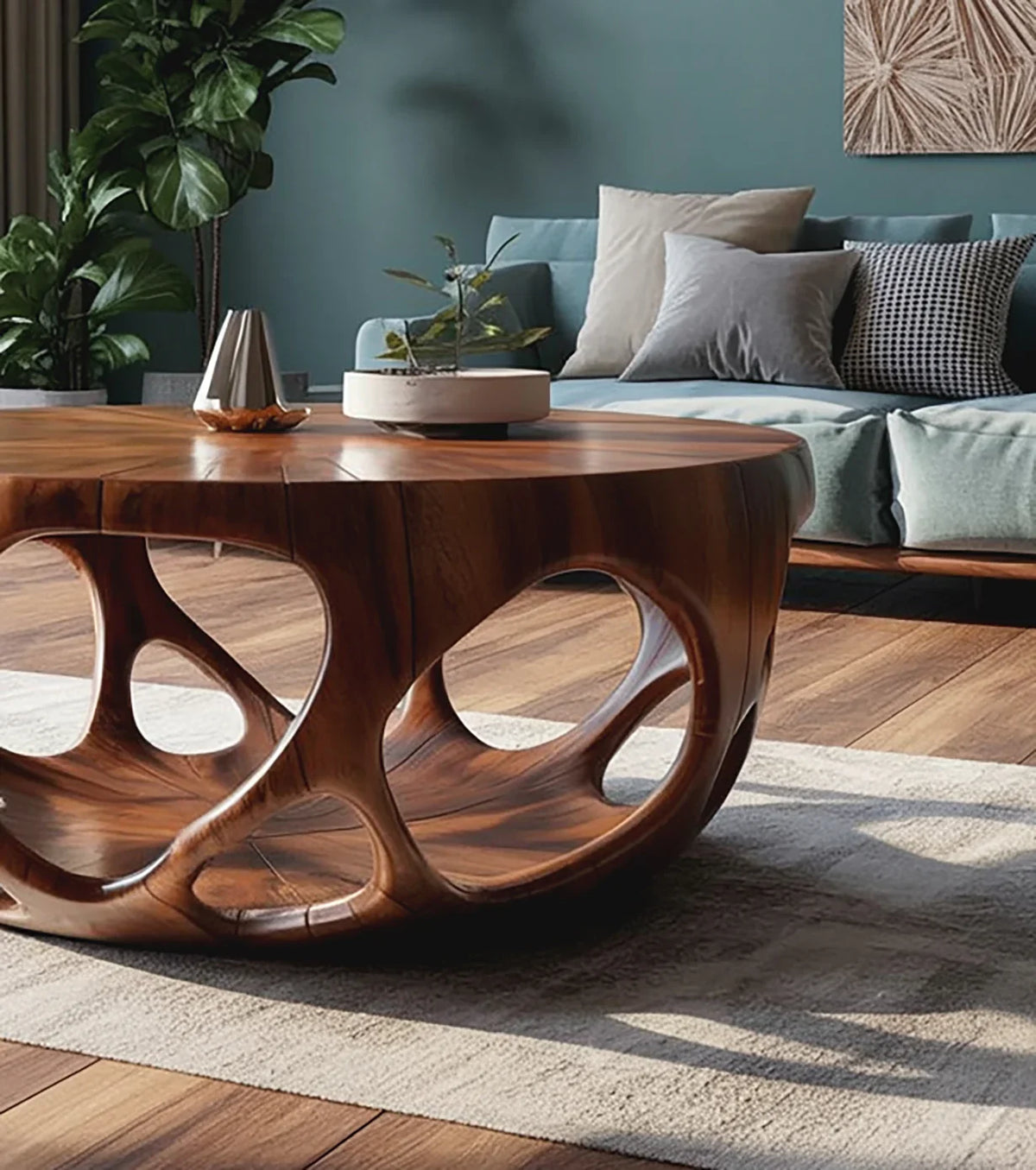 modern living room with sculptural wooden coffee table, blue sofa, green plants, and wall art