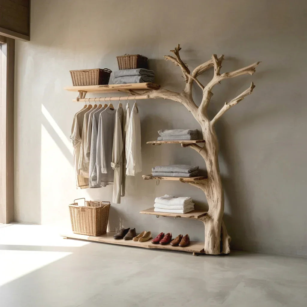 Tree-shaped solid wood open wardrobe shelf with hanging clothes, baskets, and shoes