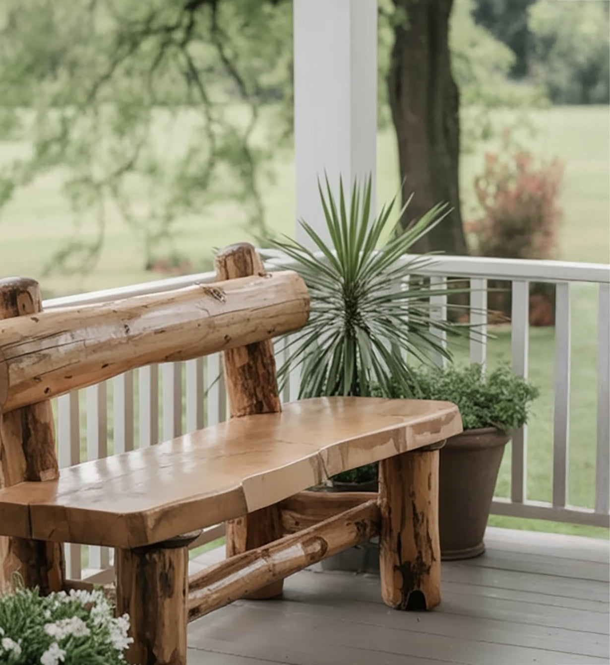 Wooden log cabin bench on porch with potted plants and green lawn background
