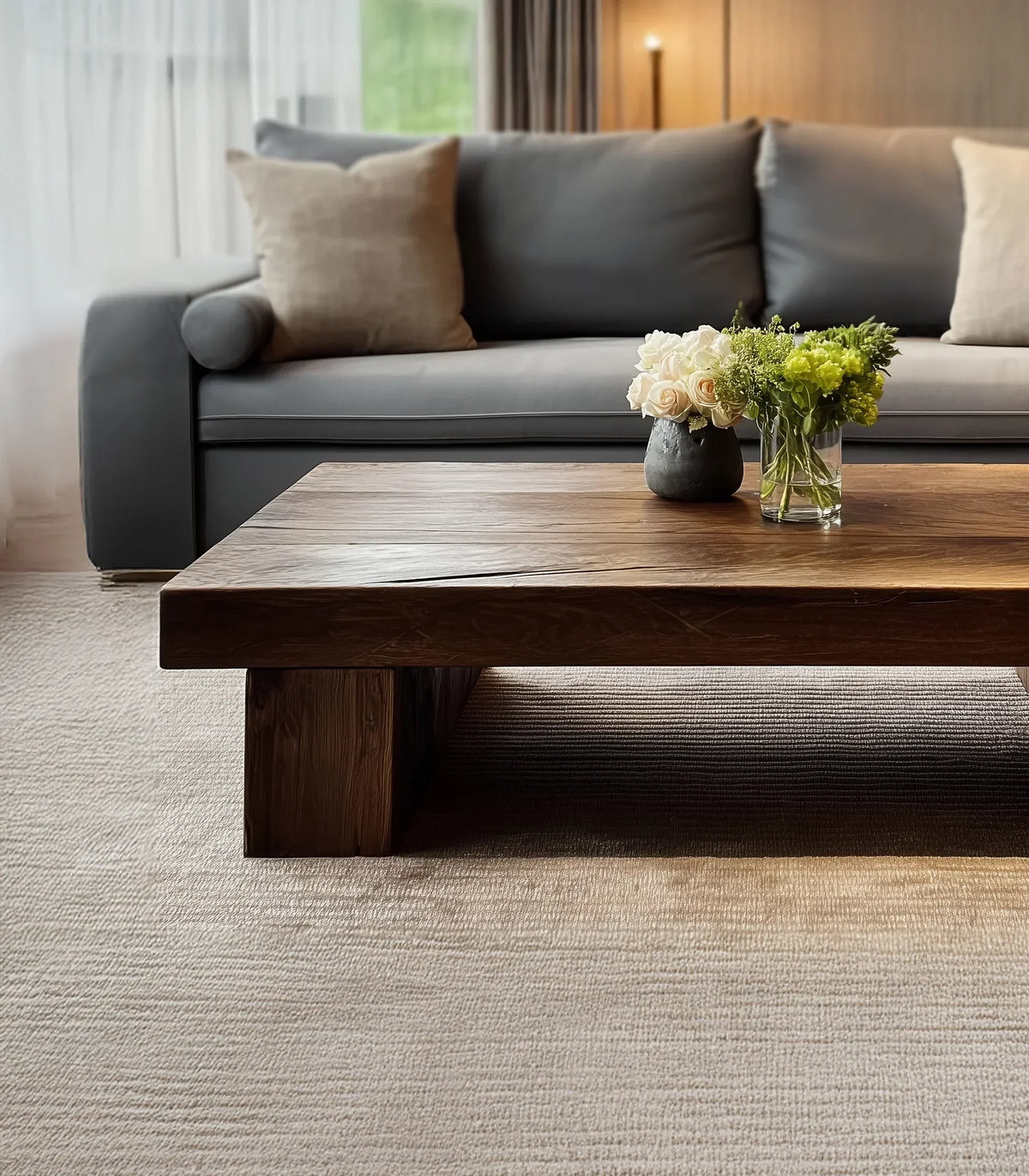 Solid wood live edge coffee table in modern living room with grey sofa and floral decor