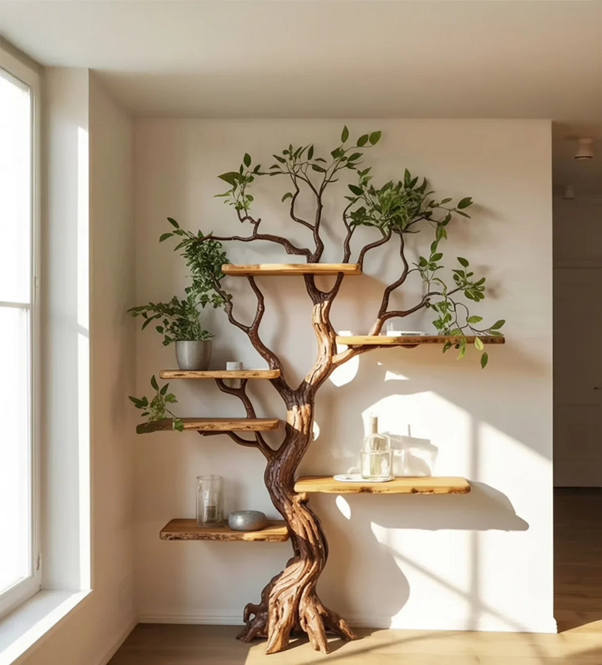 Tree-shaped wooden shelving unit with live edge shelves and green plants in bright room