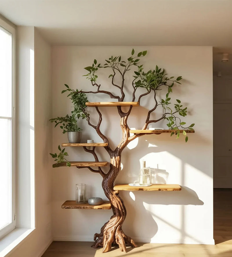 Tree-shaped wooden shelving unit with live edge shelves and green plants in bright room